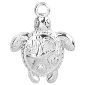 Detailed sea turtle pendant with embossed starfish and shell motifs in silver finish
