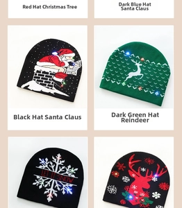 Detailed knit pattern of LED Christmas beanie featuring Reindeer and Santa Claus motifs