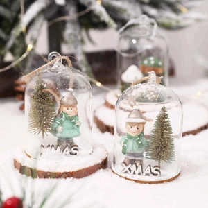 Nordic Christmas LED glass ball ornament with winter figure and wooden XMAS sign