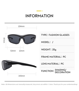 Size guide for Y2K sports sunglasses showing frame width, height and temple length dimensions