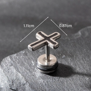 Detailed view of silver cross earring showing dimensions of 1.11cm by 0.87cm