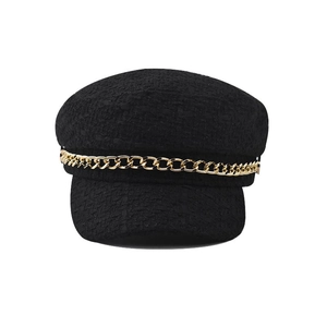 Classic black tweed newsboy cap for women featuring an elegant gold chain decoration