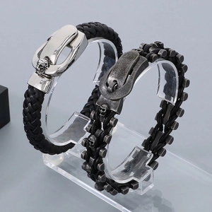Men's Retro Punk Skull Lion Head Bracelet Woven Leather Rope Stainless Steel Belt Buckle Gothic Biker Jewelry