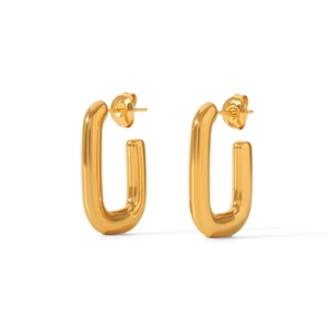 Macro view of gold rectangular stainless steel hoop earrings with a polished finish