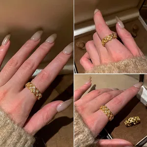 French Style Elegant Hollow Woven Lattice Open Ring Copper With Zircon Inlay Gold Plated Jewelry For Women Vintage