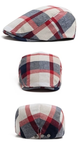 Detailed views of checkered plaid flat cap with decorative back metal buckle buttons