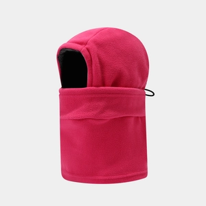 Detail of rose red fleece hood mask with adjustable drawstring and warm black lining