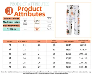Tableau des tailles détaillé pour leggings imprimés enfants avec mesures et tissu
