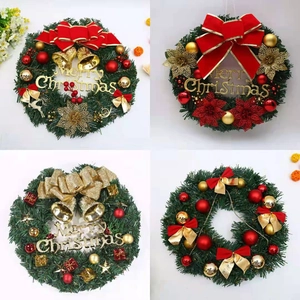 Couronne De Noël Artificielle Avec Noeuds Rouges Cloches Dorées Aiguilles De Pin Signe Joyeux Noël Décoration De Fête