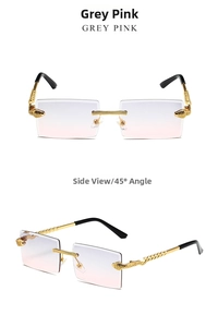 Detail of rimless square sunglasses with grey-pink gradient lenses and gold snake temples