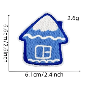 Detailed blue house embroidery patch with size measurements 6.6cm by 6.1cm on white background