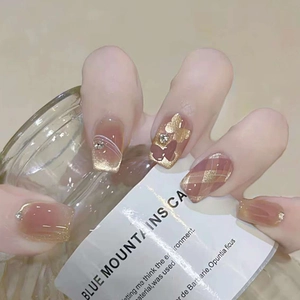 Cat Eye Press On Nails Elegant Gold Butterfly Rhinestone Plaid Patterns Sweet Detachable False Nails For Women