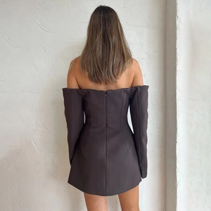Back view of bodycon mini dress featuring off-shoulder long sleeves and hidden back zipper