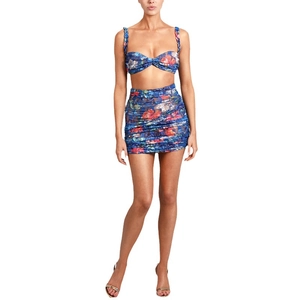 Women's two-piece summer set with blue and red floral crop top and ruffled mini skirt