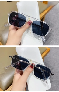 Close-up of trendy transparent double-bridge sunglasses with case and grey lenses