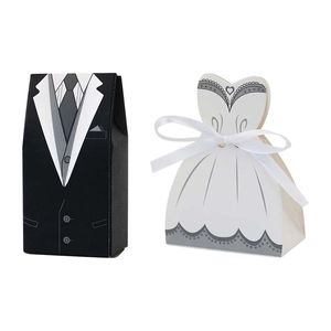 European wedding candy boxes featuring creative black tuxedo and white bridal gown designs