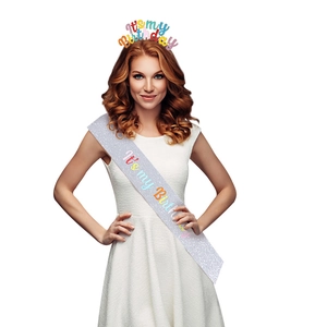 Silver glitter birthday sash and headband set featuring colorful It's my Birthday text