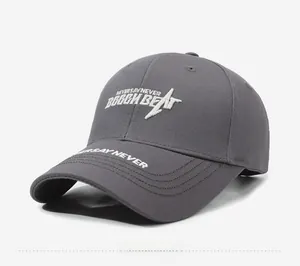 Detail of high-density cotton baseball cap with white letter embroidery and 6-panel design