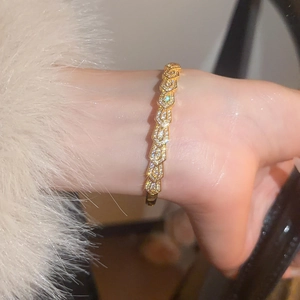 Detail of gold-plated bangle with hexagonal snake scales and sparkling zircons on wrist