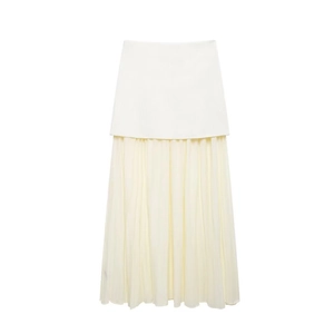 Detailed view of elegant off-white midi skirt featuring knitted top and pleated chiffon hem
