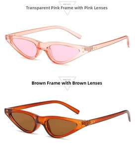 Detail of cat eye sunglasses in transparent pink and amber tea with metal rivet accents