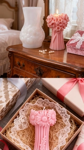 Detailed pink floral candle with 3D petals shown in a vintage home and gift box
