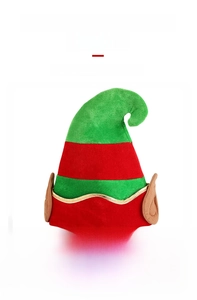 Detailed view of striped velvet Christmas elf hat with golden trim and pointed ears