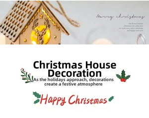 Close-up of a lit wooden Christmas house ornament with a reindeer cutout and warm glow
