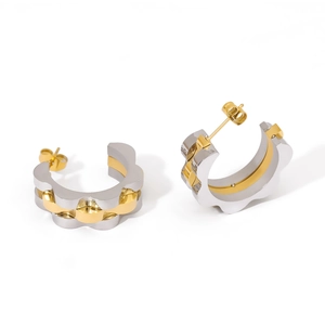 Retro C-shape two-tone 18K gold plated stainless steel watch-band style hoop earrings