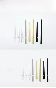 Detail view of model 939 minimalist metal clock hands in black, gold, silver and white
