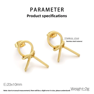 Detailed view of gold stainless steel knot earrings with 23x10mm size specifications