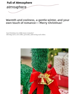 Detail of Christmas reindeer decor with green pine needles and festive golden bells