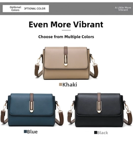Three square crossbody bags in khaki, blue, and black with litchi texture and metal buckles