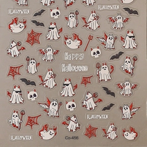 3D embossed Halloween nail stickers featuring white ghosts and red devil skulls
