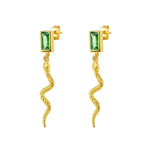 Gold snake earrings with rectangular emerald zircon and S925 silver needles for women