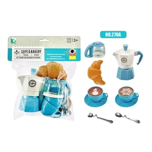 Kids coffee and bakery toy set with blue mocha pot, pastry, and latte art cups