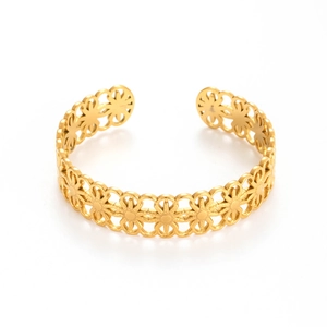 Elegant gold hollow sunflower patterned stainless steel open cuff bracelet