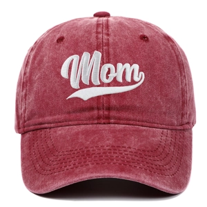 Burgundy washed cotton baseball cap featuring Mom embroidery and vintage finish