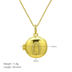 Gold Virgin Mary locket necklace with zircons, 24mm round pendant for women