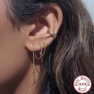Elegant S925 sterling silver gold fringe star chain earrings and ear cuff on model