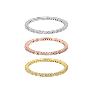 Minimalist S925 sterling silver eternity bands set with round zircon stones in three colors