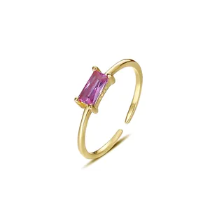 925 Sterling Silver Ring Colorful Rectangular Cubic Zirconia Adjustable Open Band Geometric Square Retro Vintage Women
