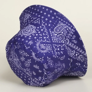 Detailed view of dark blue fisherman hat with white paisley print and reinforced stitching