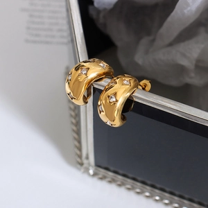 Gold plated C-shaped geometric hoop earrings with star-set cubic zirconia accents