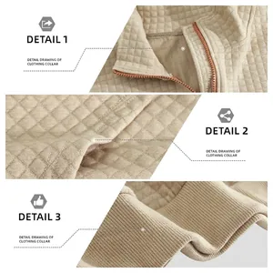 Men's beige quilted sweatshirt featuring zip-up stand collar and ribbed hem textures