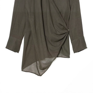 Women's asymmetrical draped top in dark olive with cross-front design and side buttons