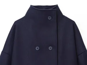 Close-up of navy wool coat featuring a stand collar and double-breasted buttons