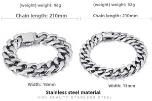 Size comparison of 13mm and 18mm men's stainless steel Cuban link bracelets in silver