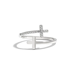 Eleganter S925 Sterlingsilber Ring offen mit Doppelkreuz-Design und funkelnden Zirkonia-Steinen