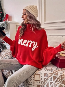 Women's red turtleneck Christmas sweater with white merry embroidery and batwing sleeves